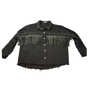 Cherry Koko Black Denim‎ jacket Rhinestone Fringe Distressed 2x - see notes
